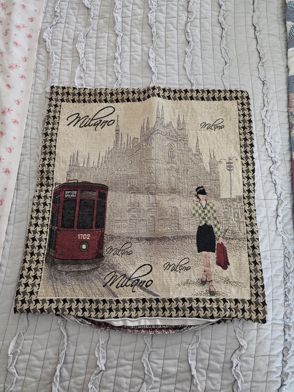 Milano Beige Tapestry Panel with Red Tram and Black Accent